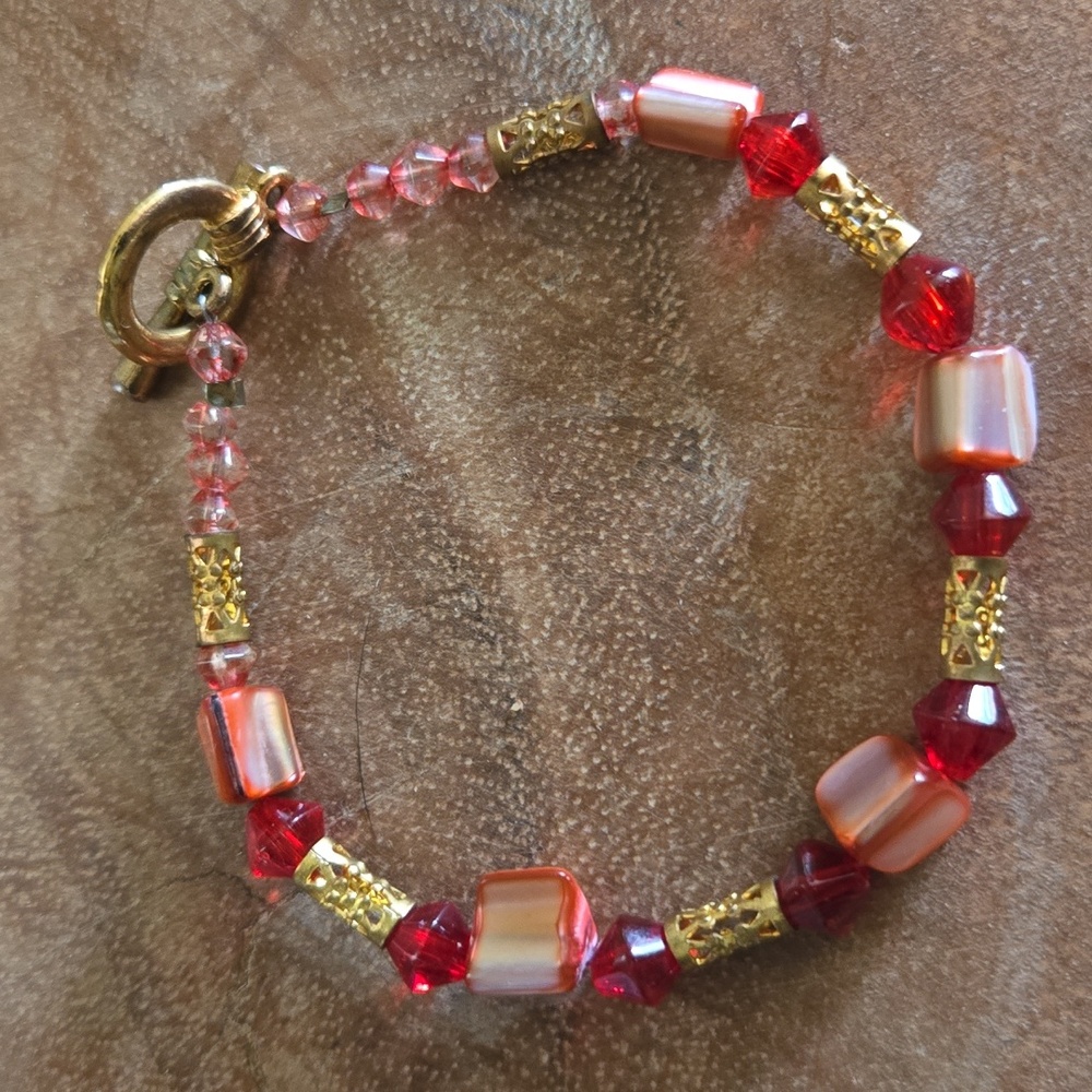 Ruby Red and Gold Beaded Bracelet